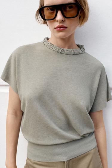 KNIT TOP WITH GATHERED NECK - Pearl grey by Zara
