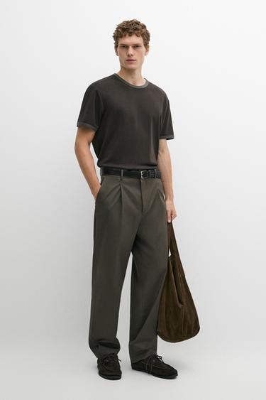 Zara 100% cotton contrast neck T-shirt - Charcoal gray - Image 0