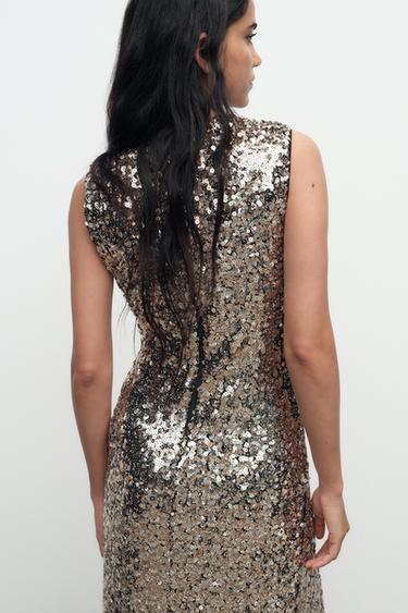ROBE MI-LONGUE À PAILLETTES - Doré de Zara - Image 3