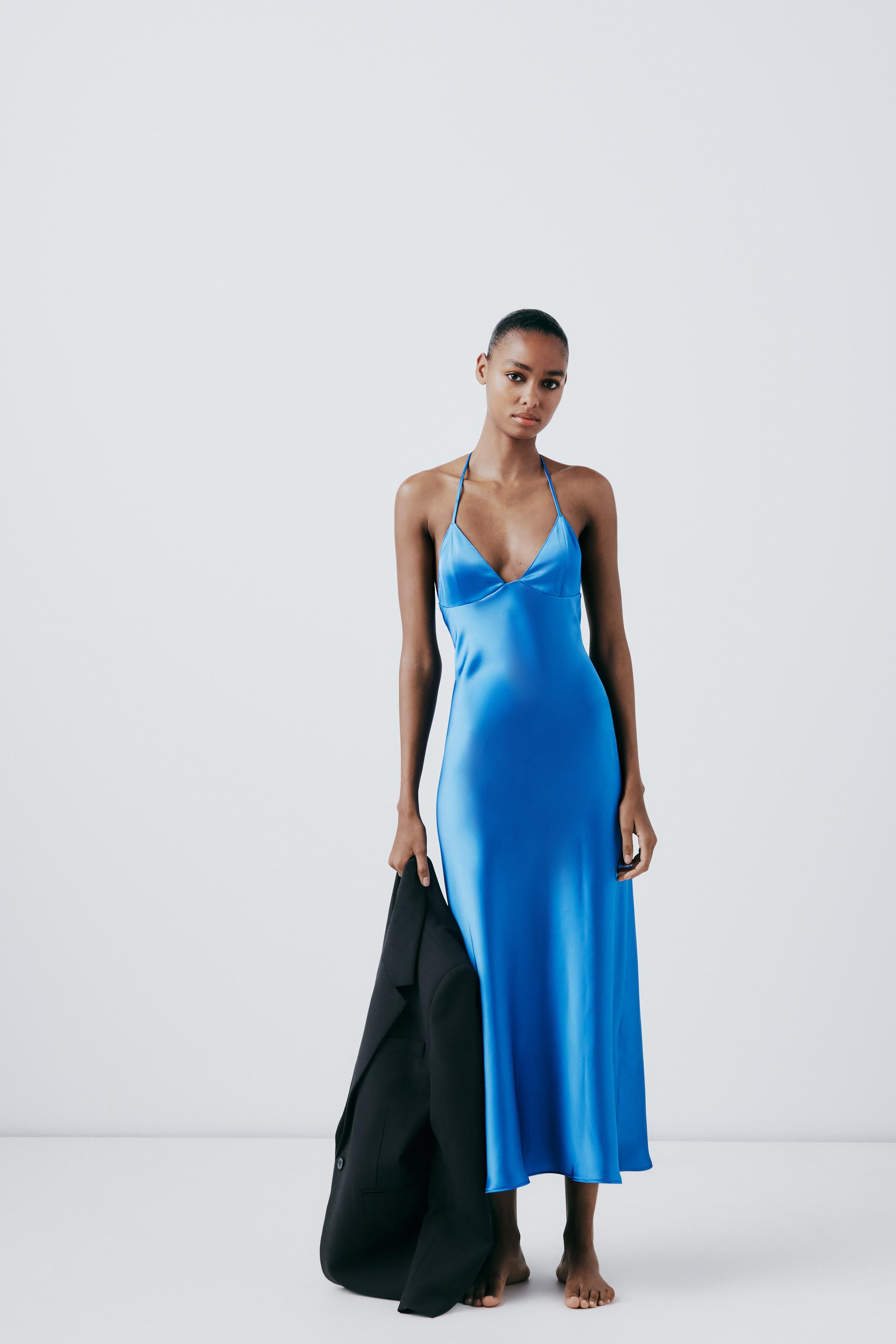 SATIN EFFECT SLIP DRESS WITH BACK STRAPS - Blue