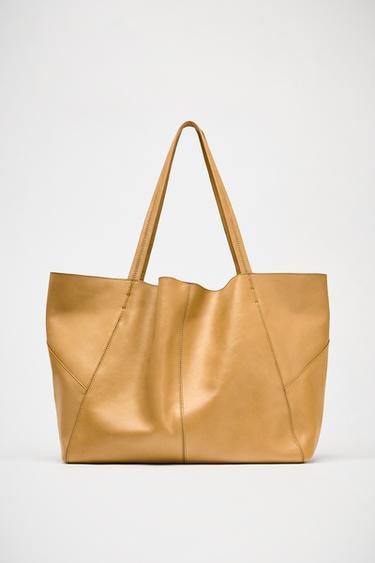 Zara LARGE LEATHER TOPSTITCHED SHOPPER - taupe brown
