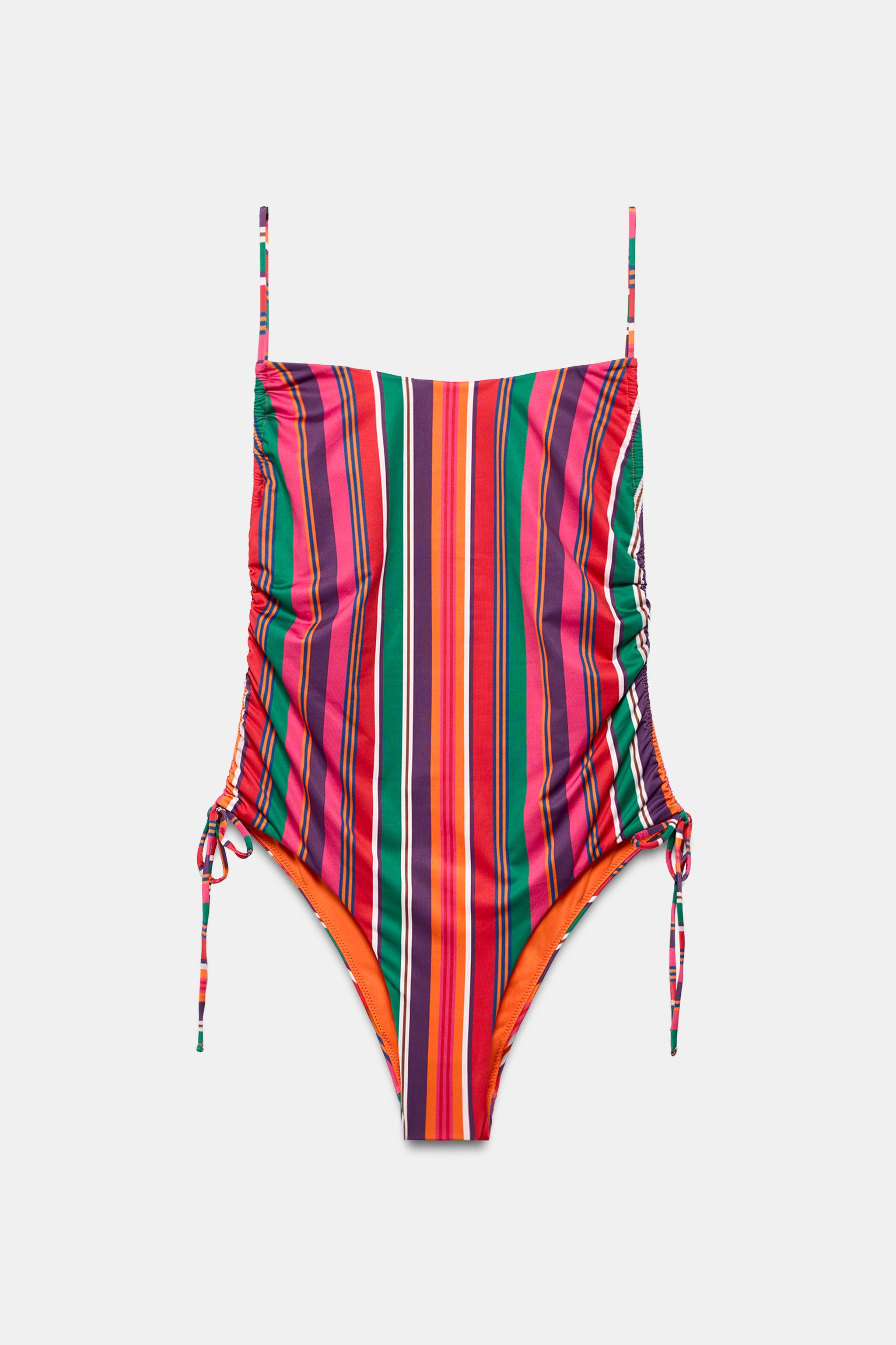 STRIPED PRINT SWIMSUIT WITH SIDE RUCHING — Multicolored