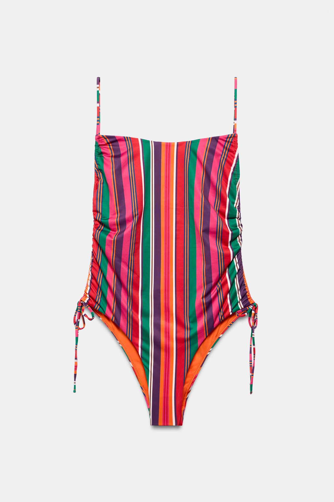 STRIPED PRINT SWIMSUIT WITH SIDE RUCHING — Multicolored