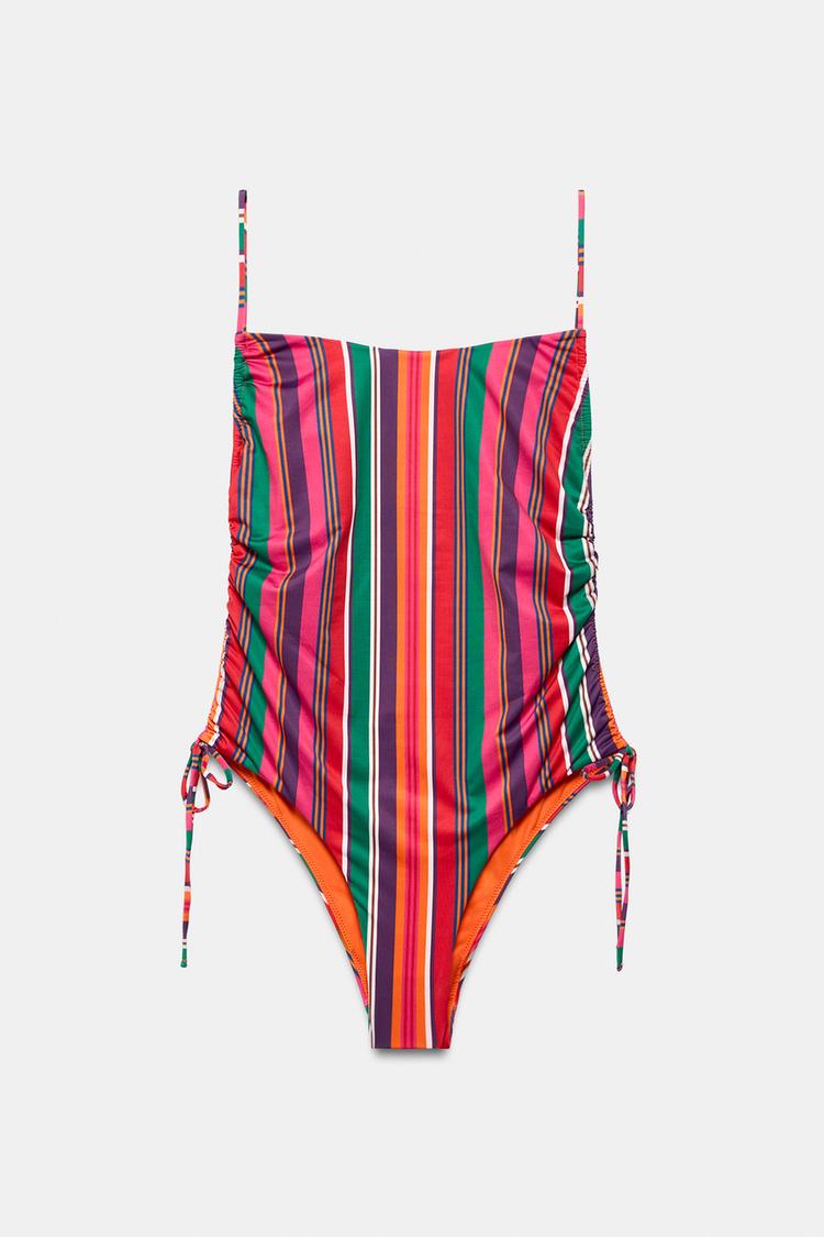STRIPED PRINT SWIMSUIT WITH SIDE RUCHING — Multicolored
