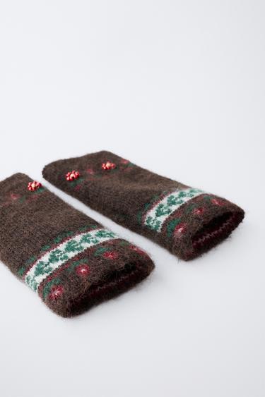 KNITTED MITTEN GLOVES WITH FLOWERS AND BEADS - Brown by Zara - Image 2
