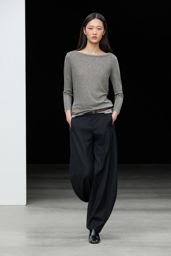 Zara Double boat neck T-shirt - Gray marl - Image 0