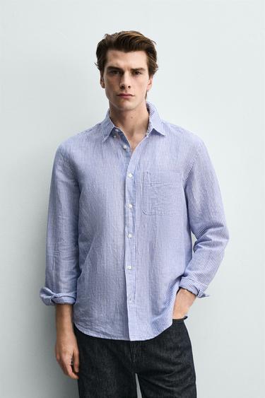 STRIPED REGULAR FIT LINEN/COTTON SHIRT - White / Sky blue by Zara