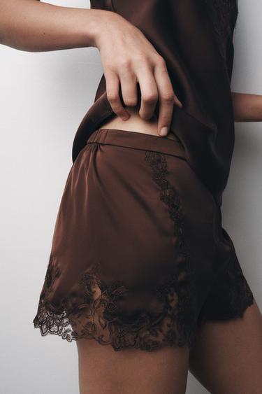 Zara SATIN EFFECT EMBROIDERED LACE SHORTS - Brown