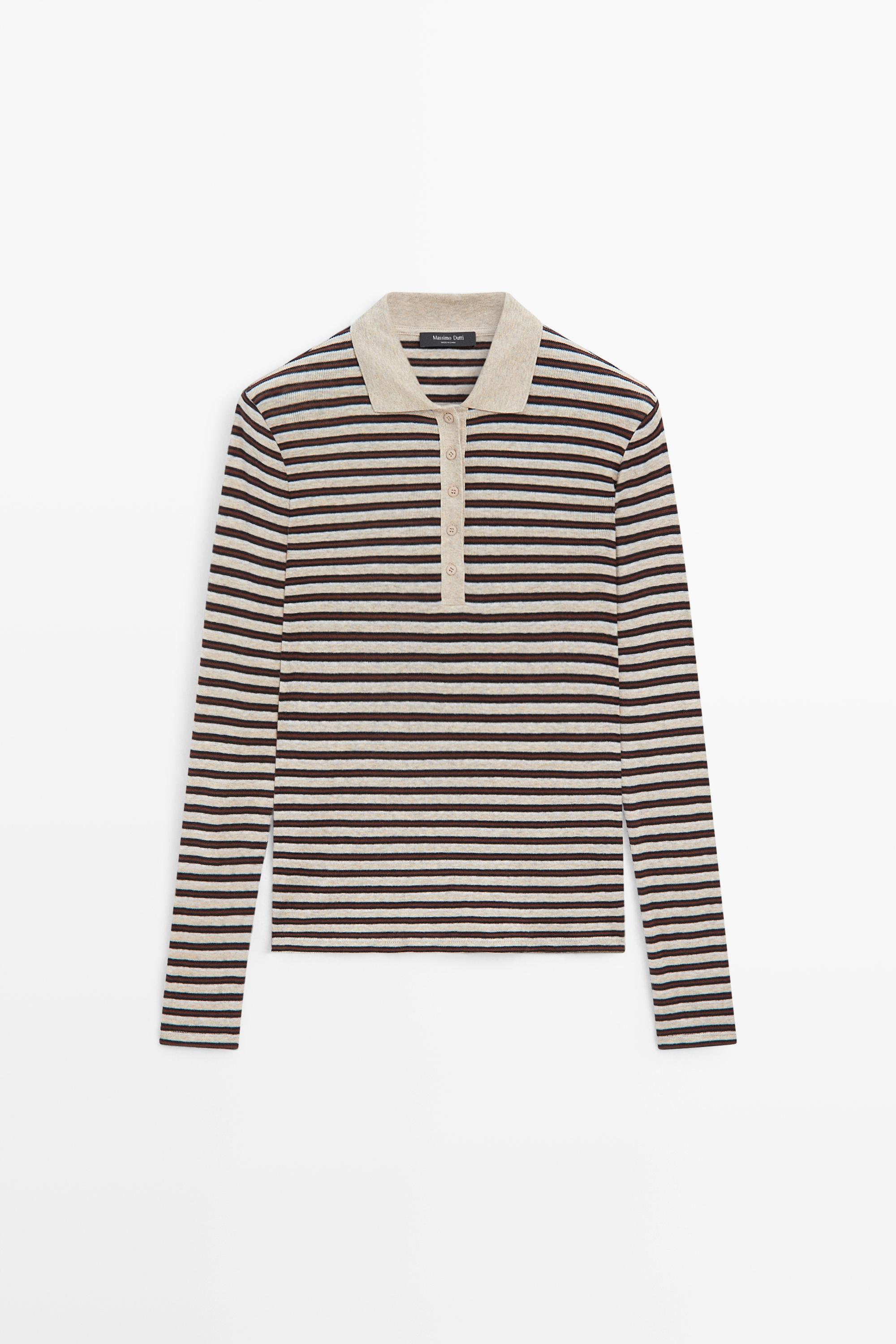 Long sleeve striped wool-blend polo