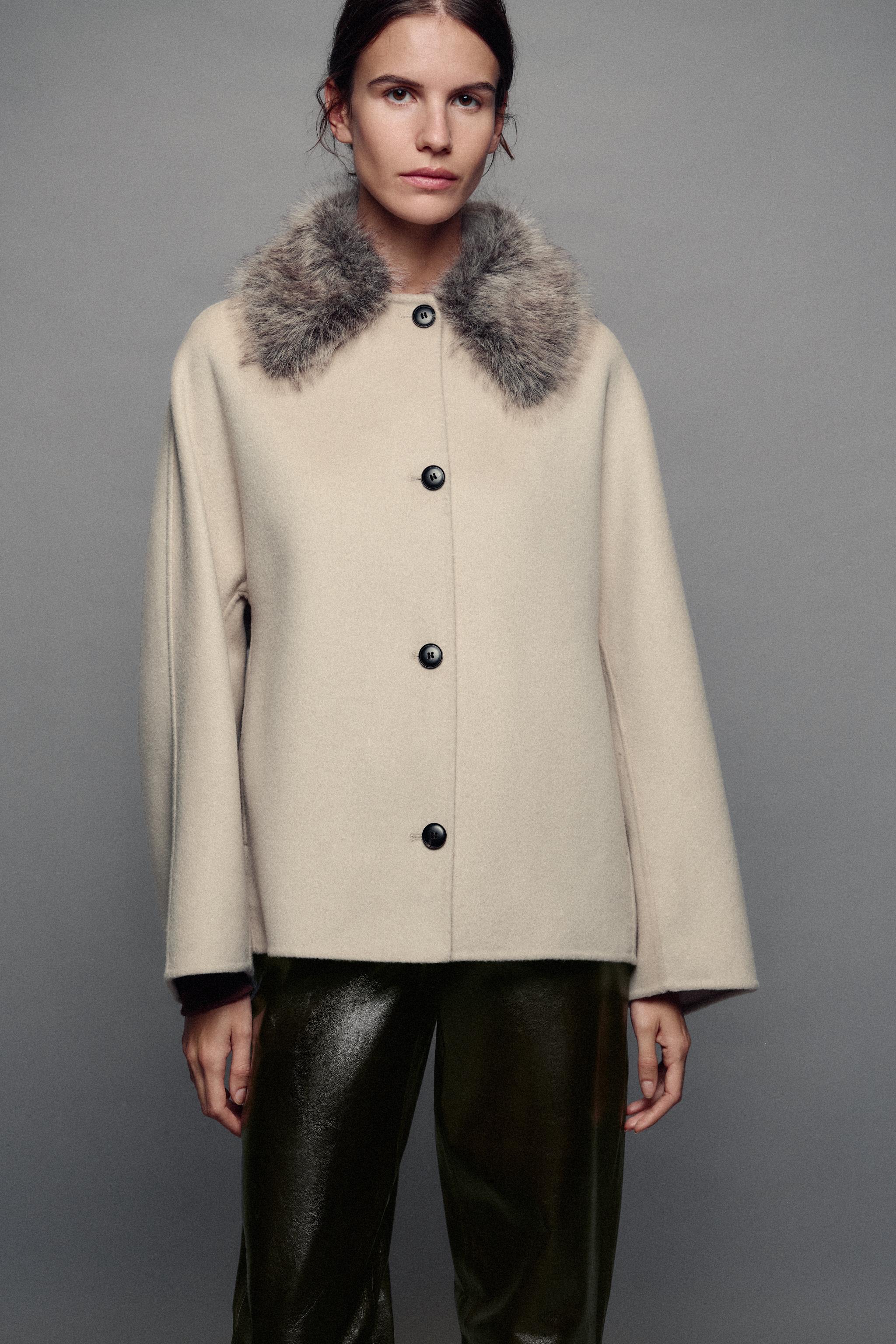 Zw Collection Wool Blend Jacket With Faux Fur Collar by Zara