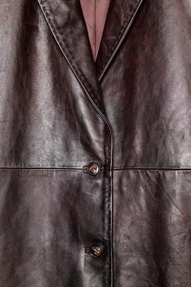 100% LEATHER STITCHED COAT - Burgundy by Zara - Image 7