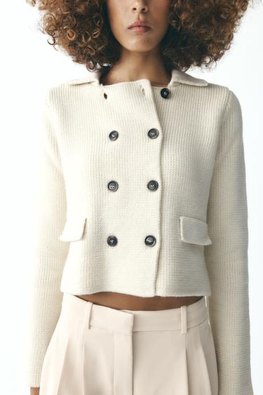 Zara BASIC BUTTONED KNIT CARDIGAN - Ecru