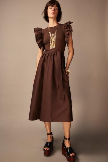 COMBINED RUFFLED DRESS WITH BELT - Brown by Zara