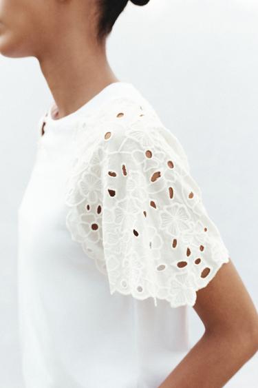 T-SHIRT MANCHES BRODÉES - Blanc de Zara - Image 2