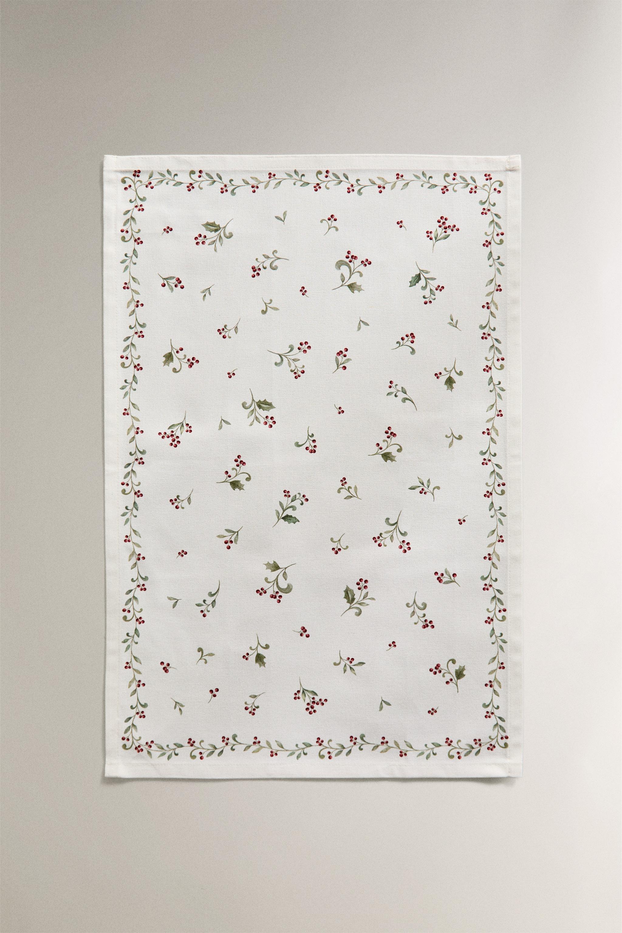 SET OF COTTON KITCHEN TOWELS WITH CHRISTMAS LEAVES PRINT (SET OF 2)