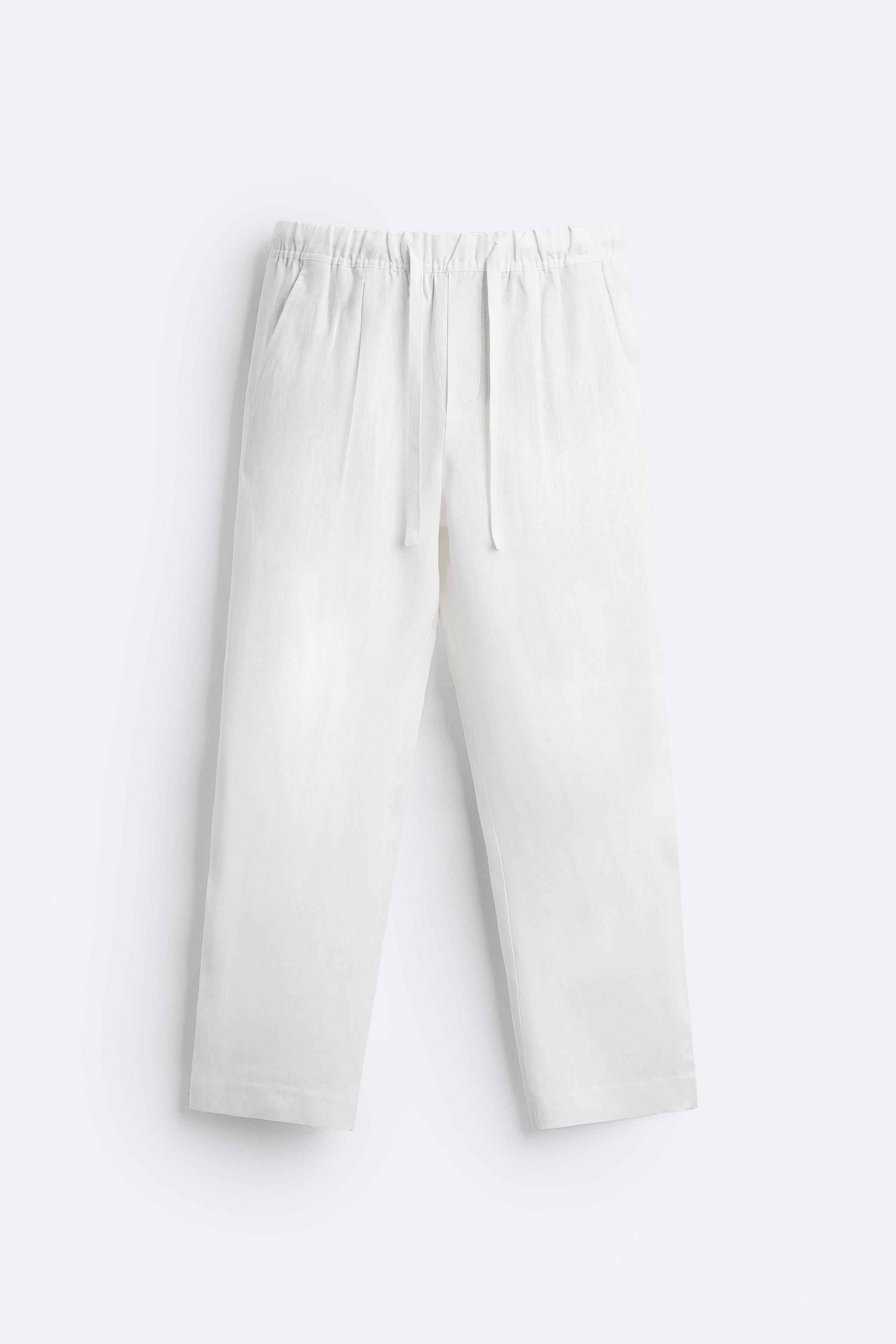 100% LINEN JOGGER WAIST PANTS - White