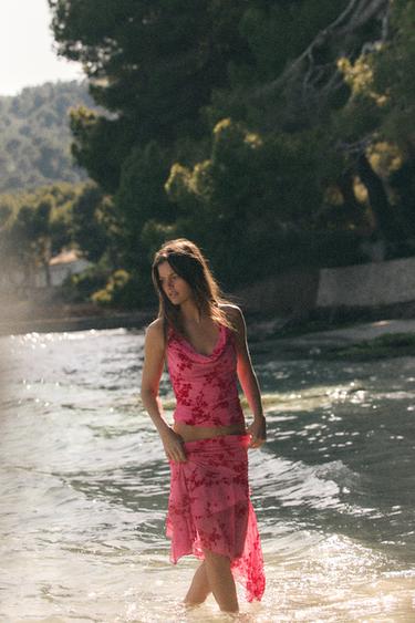 ASYMMETRIC FLOCKED TULLE MIDI SKIRT - Mid-pink by Zara