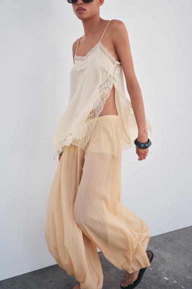 Zara ZW COLLECTION LACE SLIT TOP - Ecru