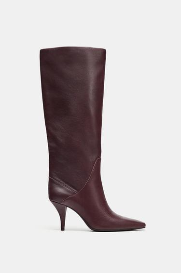 LEATHER HEELED BOOTS - Burgundy Red by Zara