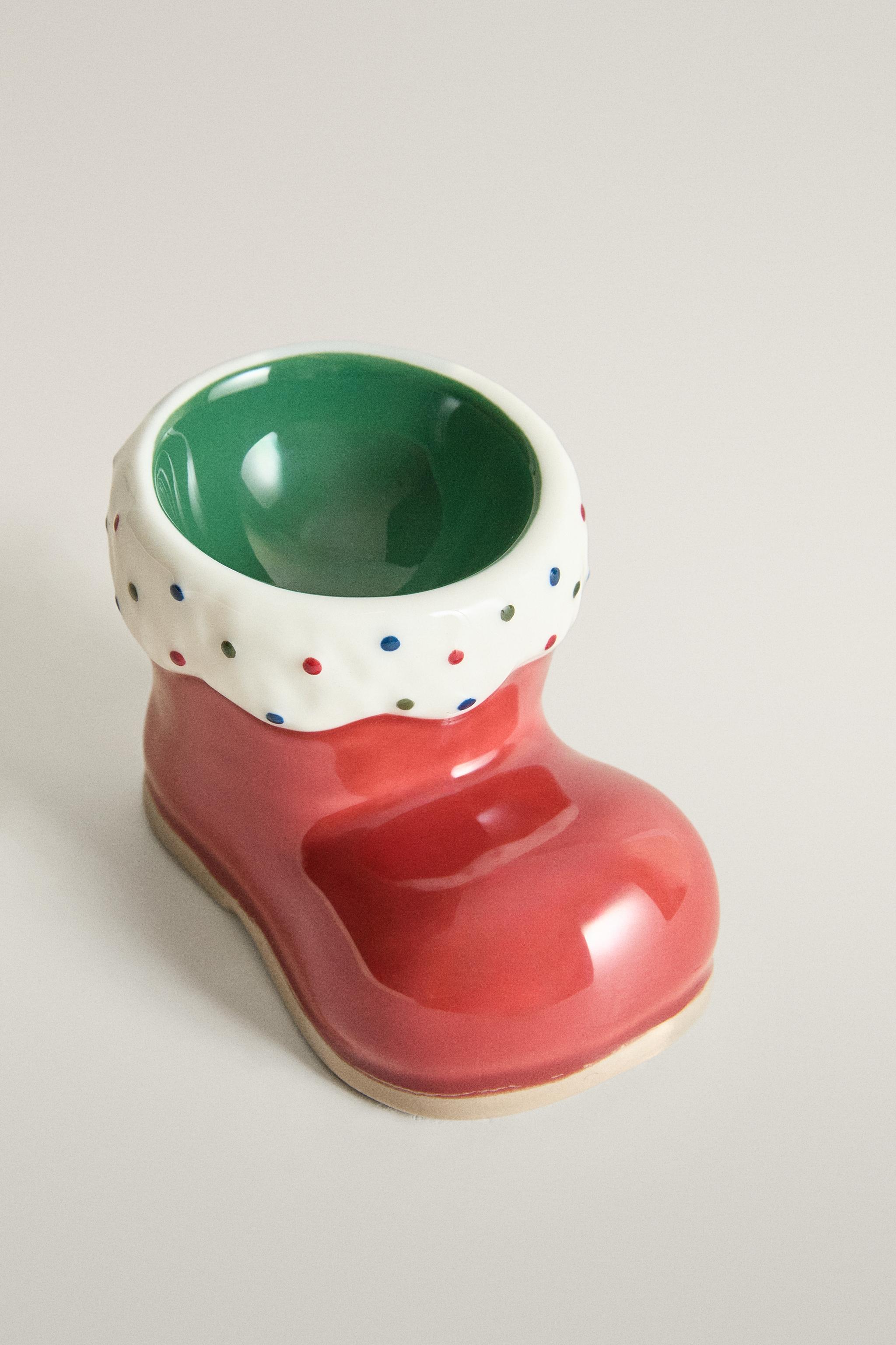 STONEWARE CHRISTMAS BOOT EGG CUP
