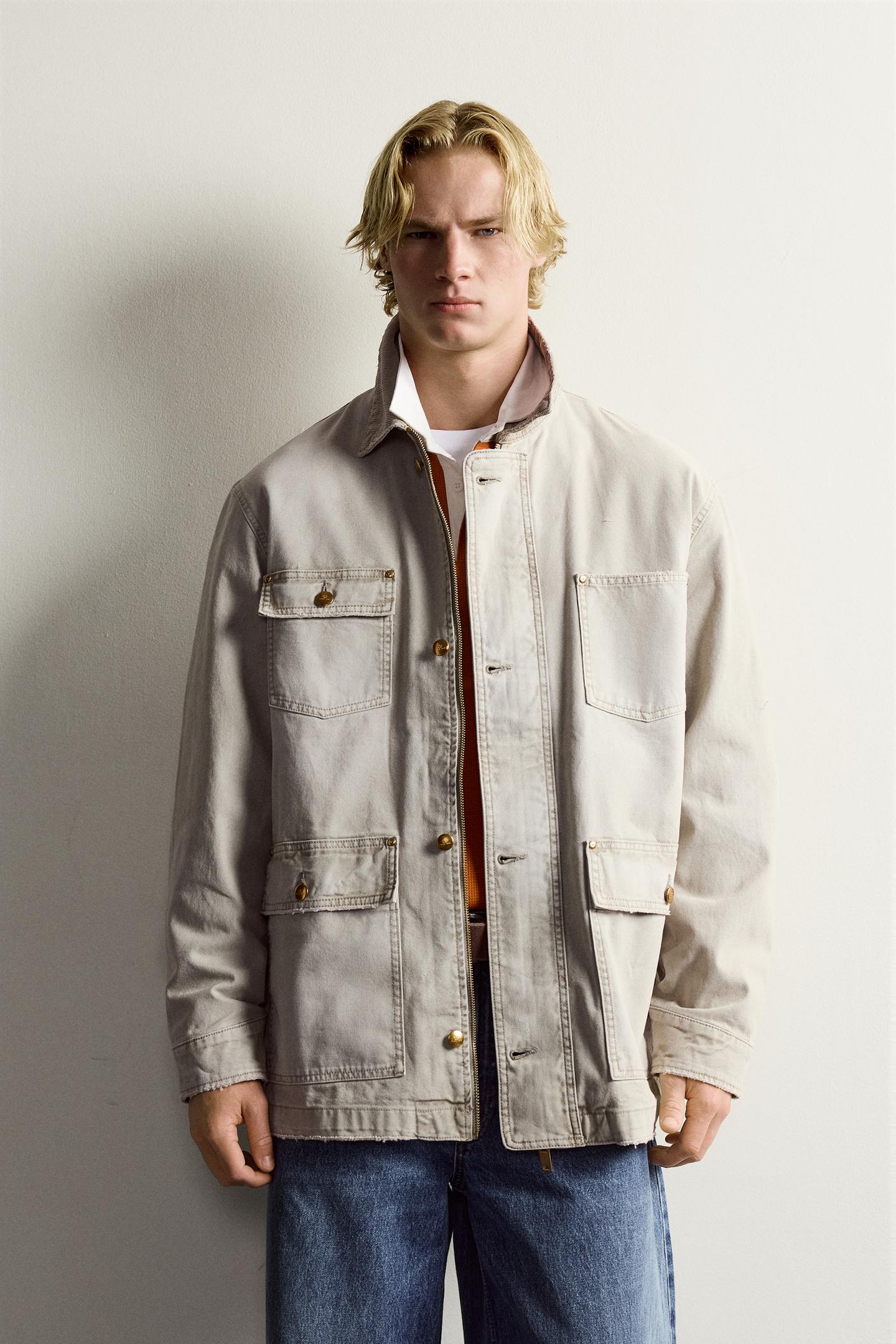 Мужская куртка Zara Relaxed Fit Jacket with Contrast Collar, цвет: Серо-бежевый — фото 2