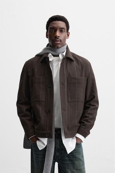 جاكيت قميصي مخطط بجيوب - بني داكن الخاص بـ Zara