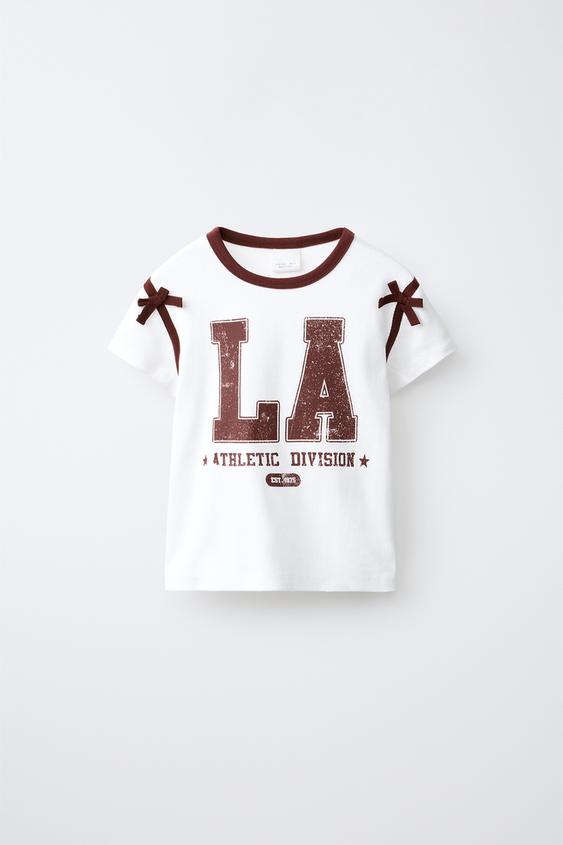 VARSITY T-SHIRT WITH BOWS - Oyster-white by Zara - Image 0