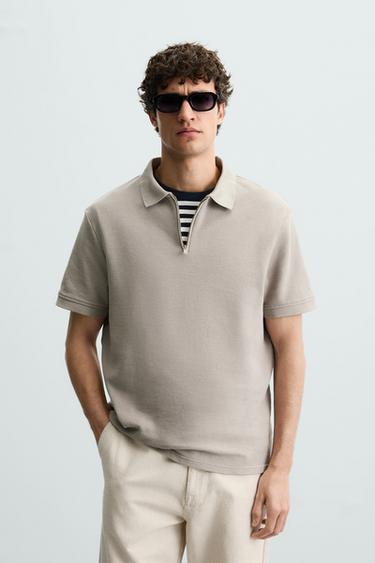 Zara PIQUÉ TEXTURED POLO SHIRT - taupe brown