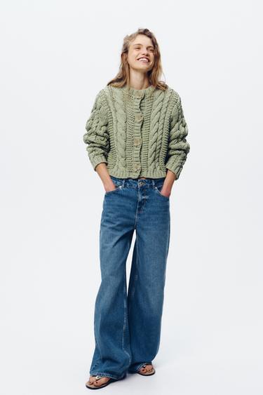 Zara KNIT JACKET WITH FLOWER BUTTONS - Light green