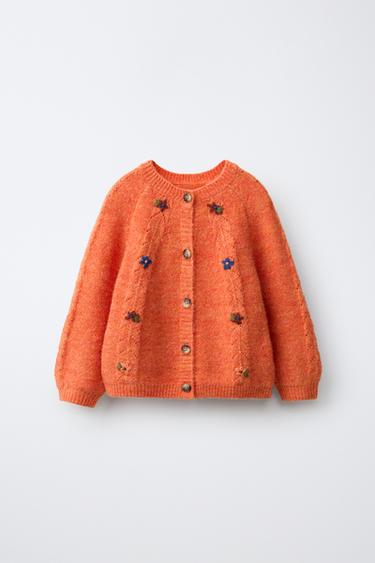 WOOL BLEND EMBROIDERED FLOWERS CARDINGAN — Orange 1