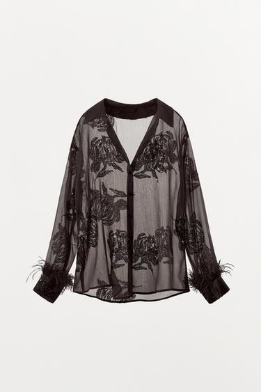 BLOUSE SEMI-TRANSPARENTE PAILLETTES PLUMES - Marron de Zara - Image 5