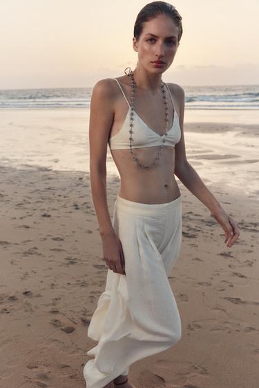 Zara 100% LINEN PLEATED PANTS ZW COLLECTION - Ecru