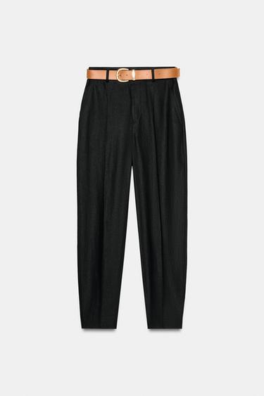 PANTALÓN CON LINO PINZAS CINTURÓN - Negro de Zara