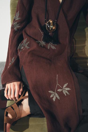 ZW COLLECTION EMBROIDERED LINEN KIMONO - Burgundy by Zara
