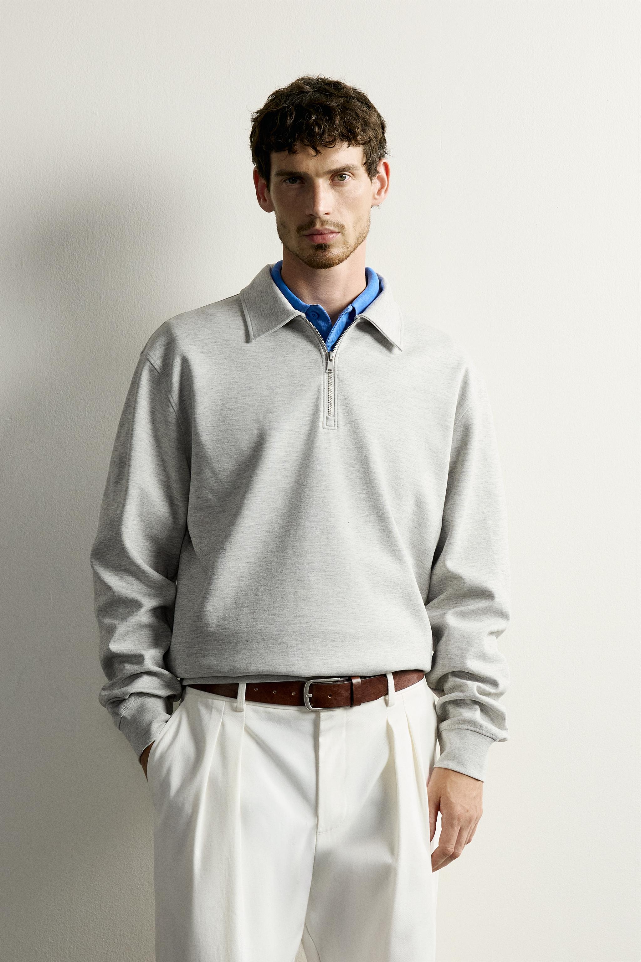 INTERLOCK ZIP POLO SWEATSHIRT — Gray marl