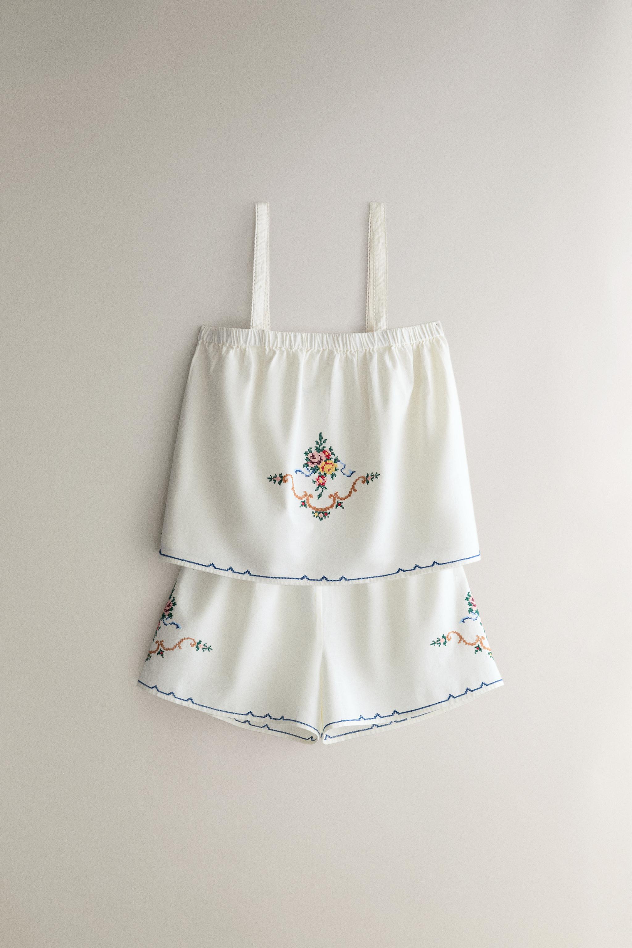 EMBROIDERED COTTON AND LINEN SHORTS