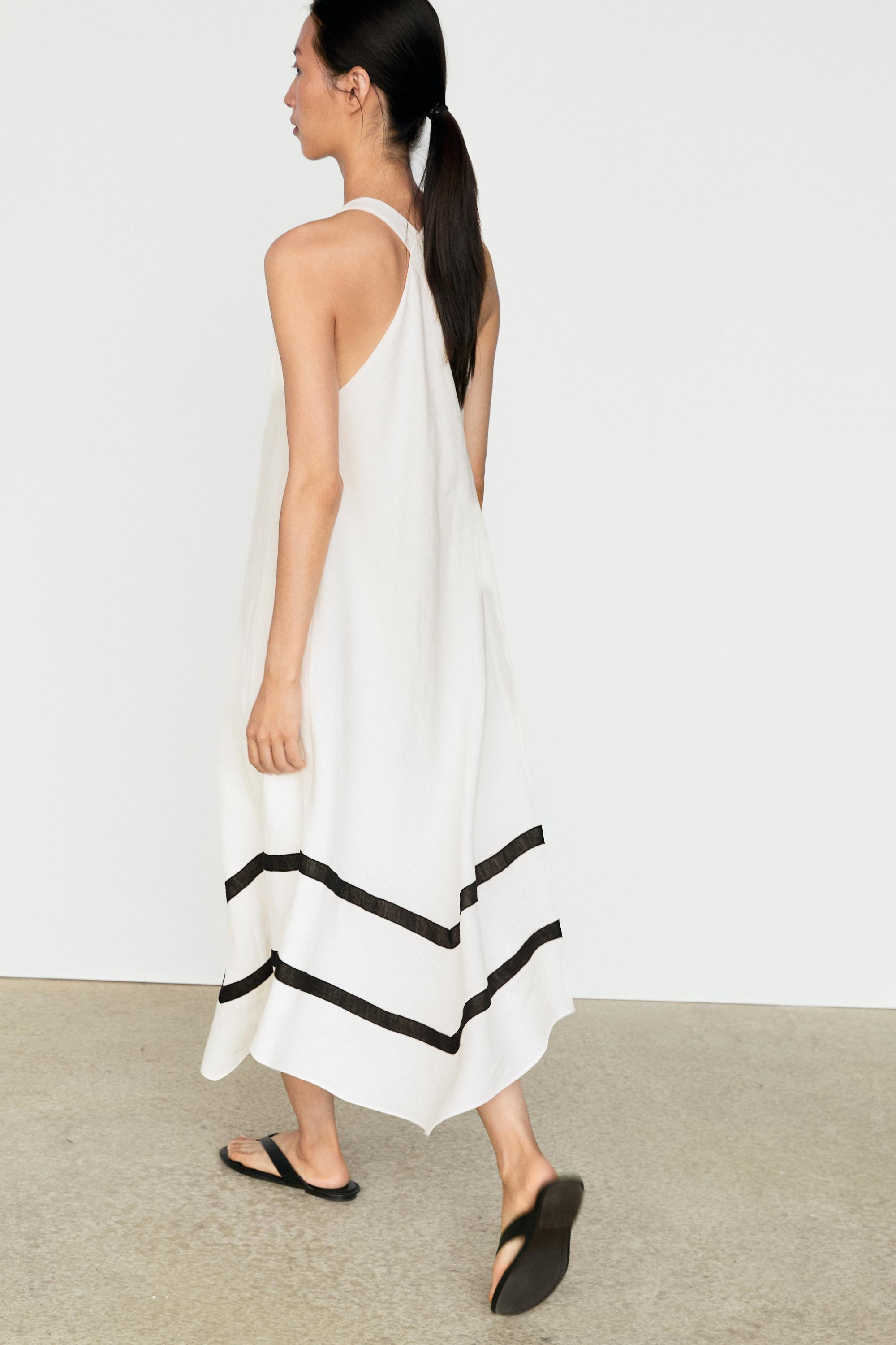 Linen blend midi dress with contrast stripe detail