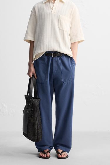 Zara 直筒版型帆布長褲 - 藍色