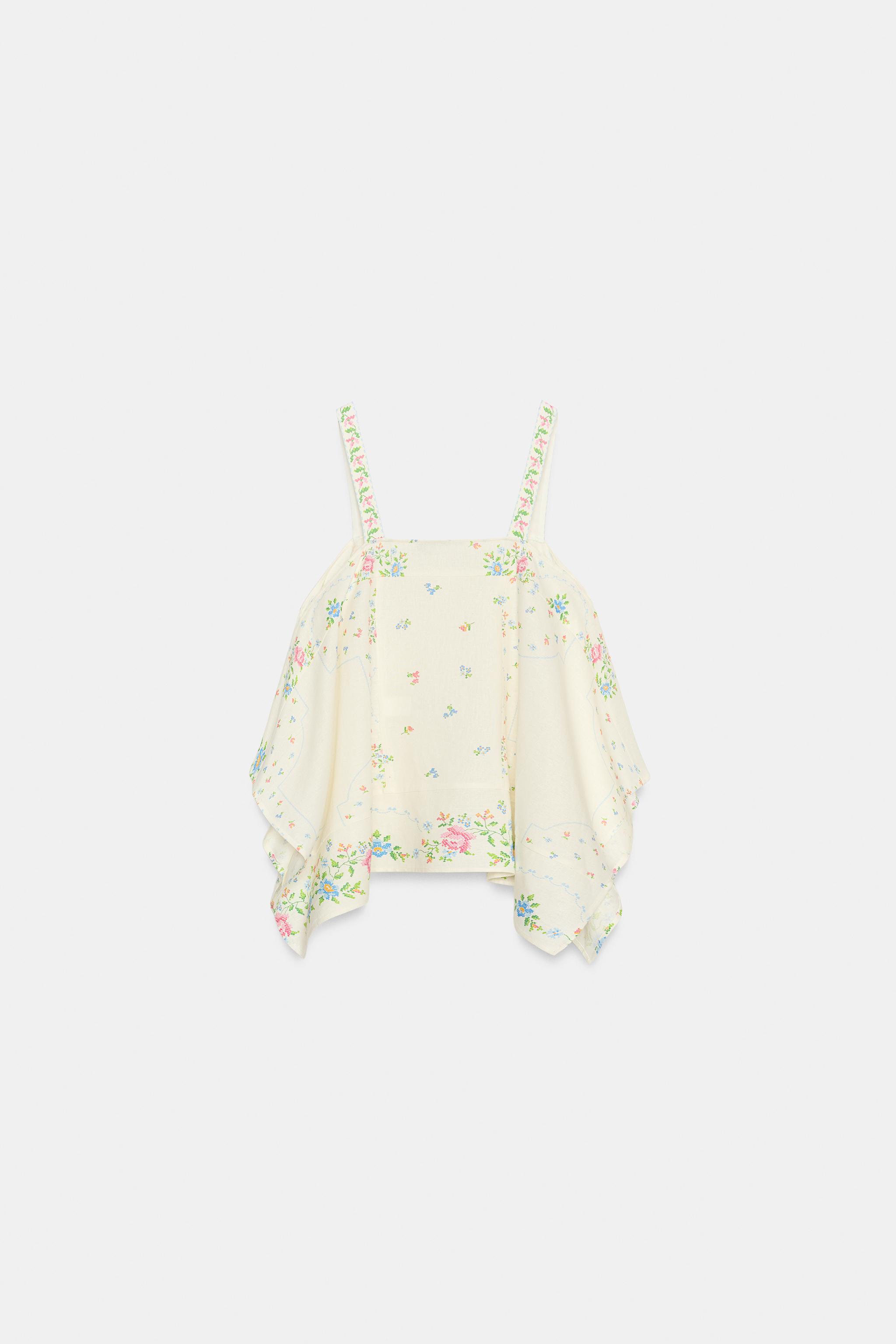 Женские рубашки Zara FLORAL PRINT ASYMMETRIC LINEN TOP — фото 7