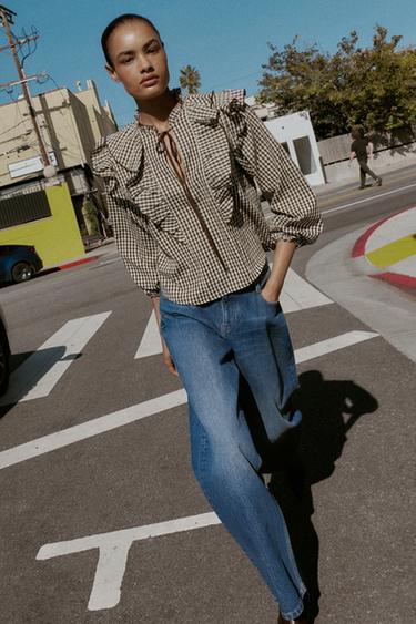 Zara GINGHAM RUFFLE BLOUSE - Brown / Ecru