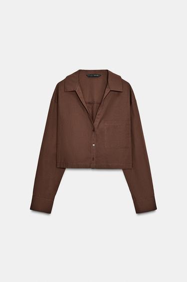 Zara CROPPED POPLIN SHIRT - Brown