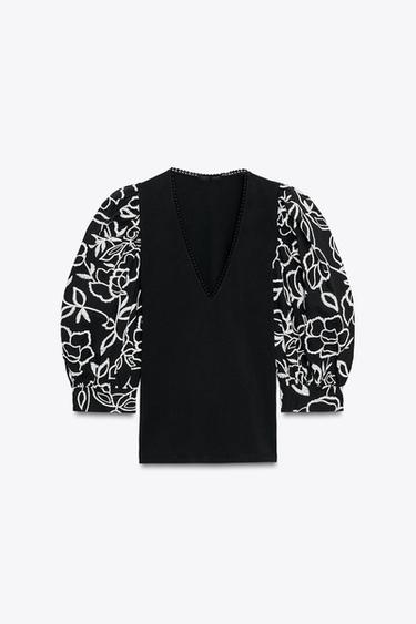 刺しゅう入りフラワー パフスリーブトップスブラックZaraの刺しゅう入りフラワー パフスリーブトップス - ブラック 