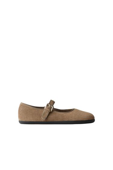 Zara BAREFOOT LEATHER BALLET FLATS - Brown