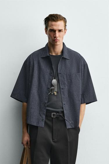 Zara 方版剪裁格紋襯衫 - 海藍色