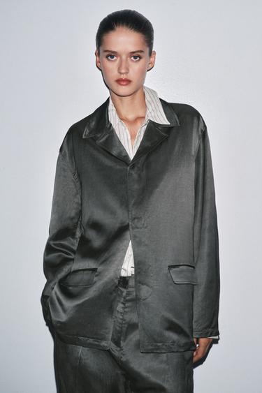 ZW COLLECTION SATIN LINEN BLEND BLAZER - Charcoal by Zara - Image 1