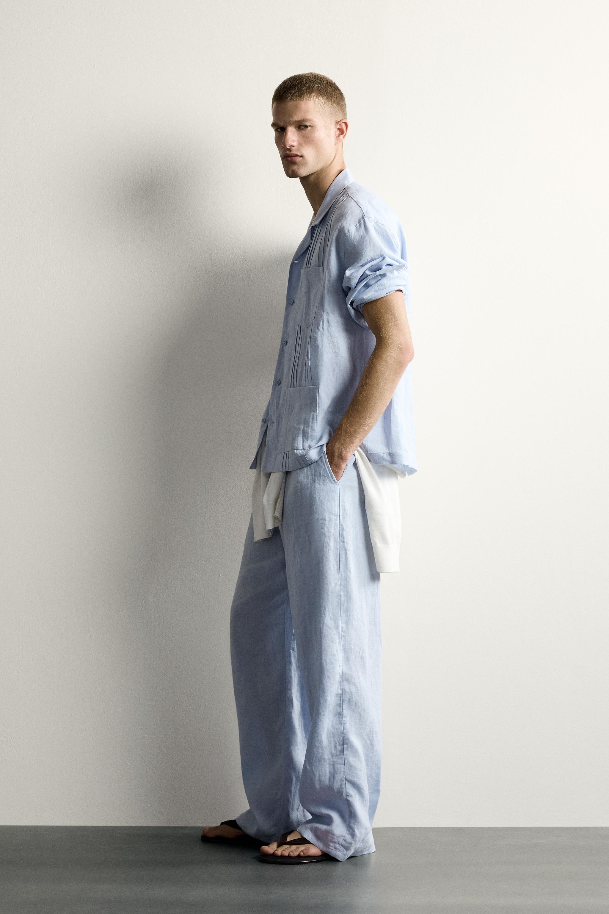 RELAXED FIT 100% LINEN PLEATED SHIRT