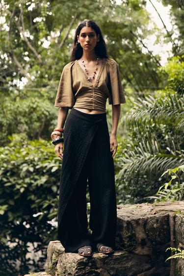 PANTALÓN PAREO CON LINO - Negro de Zara