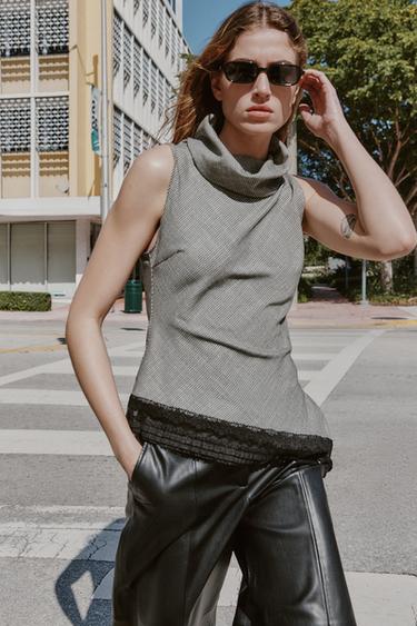 ASYMMETRIC HOUNDSTOOTH HEM LACE TOP - Black / Ecru by Zara - Image 1