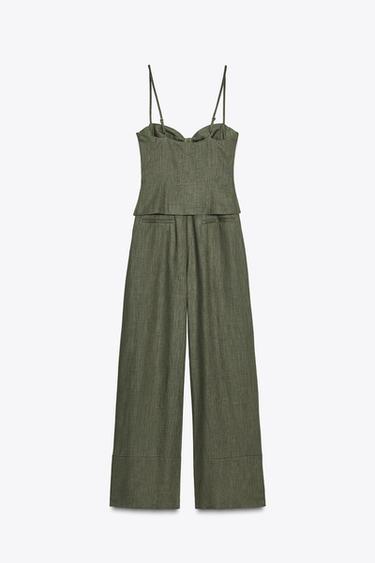 LINEN BLEND STRAPPY JUMPSUIT WITH BOWS - Khaki by Zara - Image 8