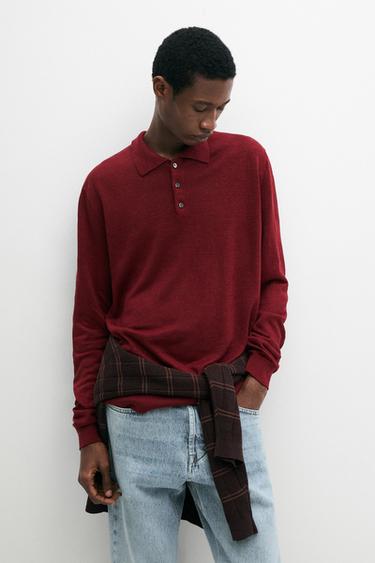 Zara 100% linen knit polo collar sweater - Khaki